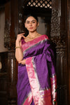 Mahalakshmi Exclusive ~ Handloom Pure Silk Muniya Border Saree With Handcrafted Swan Peacock Pallu in Purple - verymuchindian.com