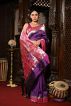 Mahalakshmi Exclusive ~ Handloom Pure Silk Muniya Border Saree With Handcrafted Swan Peacock Pallu in Purple - verymuchindian.com