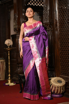 Mahalakshmi Exclusive ~ Handloom Pure Silk Muniya Border Saree With Handcrafted Swan Peacock Pallu in Purple - verymuchindian.com