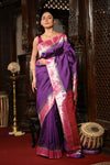 Mahalakshmi Exclusive ~ Handloom Pure Silk Muniya Border Saree With Handcrafted Swan Peacock Pallu in Purple - verymuchindian.com