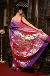 Mahalakshmi Exclusive ~ Handloom Pure Silk Muniya Border Saree With Handcrafted Swan Peacock Pallu in Purple - verymuchindian.com
