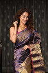Mahalakshmi ~ Gadwal Pure Silk Handloom Brocade Saree in Marine Blue - verymuchindian.com