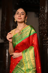Mahalakshmi ~ Gadwal Pure Silk Handloom Saree in Fierce Red and Green - verymuchindian.com