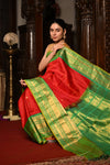 Mahalakshmi ~ Gadwal Pure Silk Handloom Saree in Fierce Red and Green - verymuchindian.com