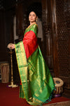 Mahalakshmi ~ Gadwal Pure Silk Handloom Saree in Fierce Red and Green - verymuchindian.com