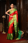 Mahalakshmi ~ Gadwal Pure Silk Handloom Saree in Fierce Red and Green - verymuchindian.com