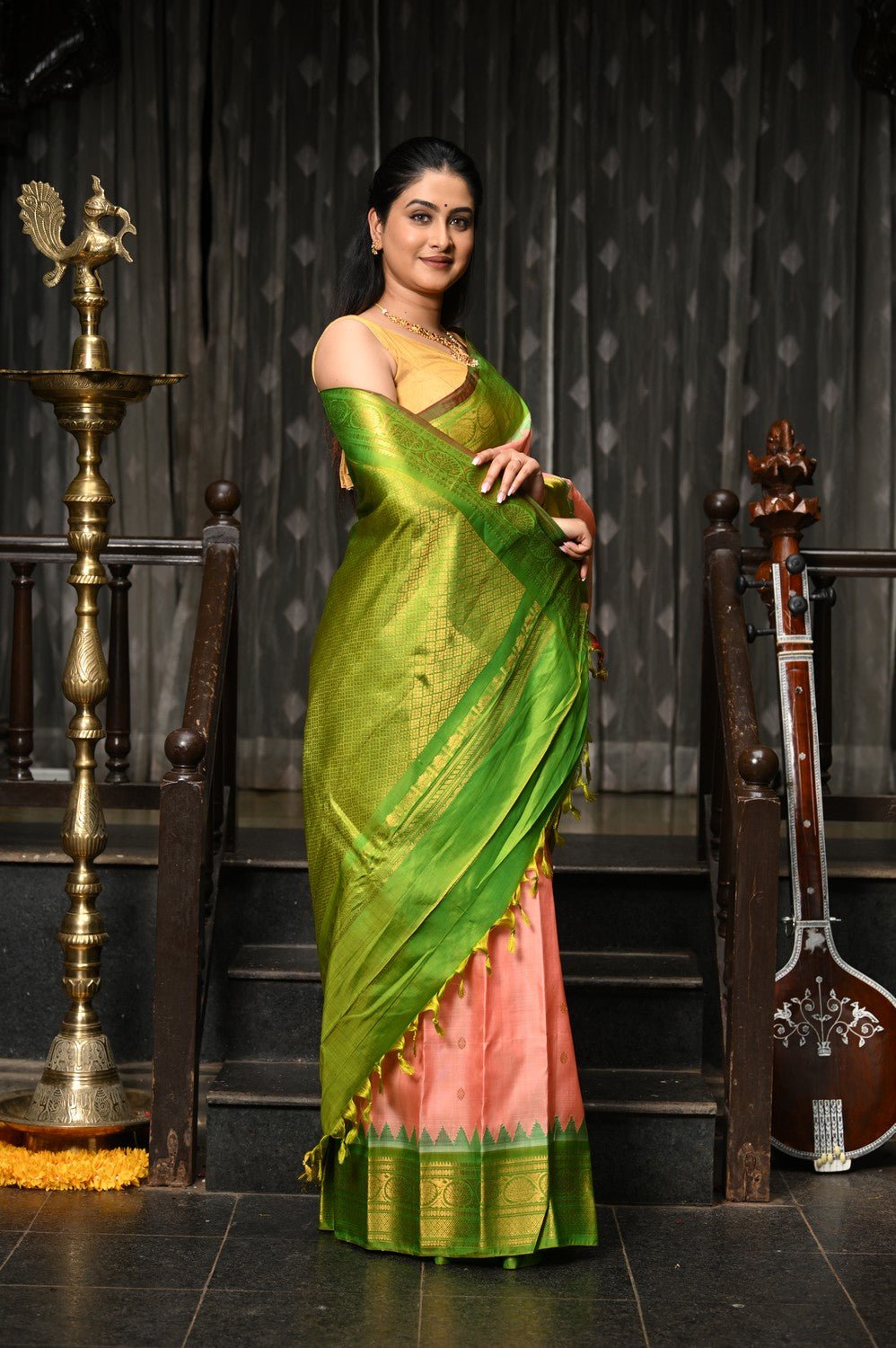 Mahalakshmi ~ Gadwal Pure Silk Handloom Saree in Peach Orange and Leaf Green - verymuchindian.com