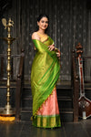 Mahalakshmi ~ Gadwal Pure Silk Handloom Saree in Peach Orange and Leaf Green - verymuchindian.com