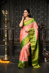 Mahalakshmi ~ Gadwal Pure Silk Handloom Saree in Peach Orange and Leaf Green - verymuchindian.com