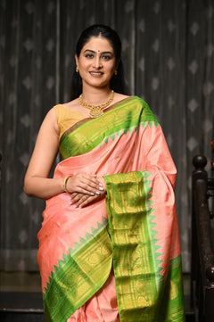 Mahalakshmi ~ Gadwal Pure Silk Handloom Saree in Peach Orange and Leaf Green - verymuchindian.com