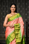Mahalakshmi ~ Gadwal Pure Silk Handloom Saree in Peach Orange and Leaf Green - verymuchindian.com