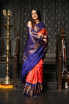 Mahalakshmi ~ Gadwal Pure Silk Handloom Saree in Peach Pink and Marine Blue - verymuchindian.com