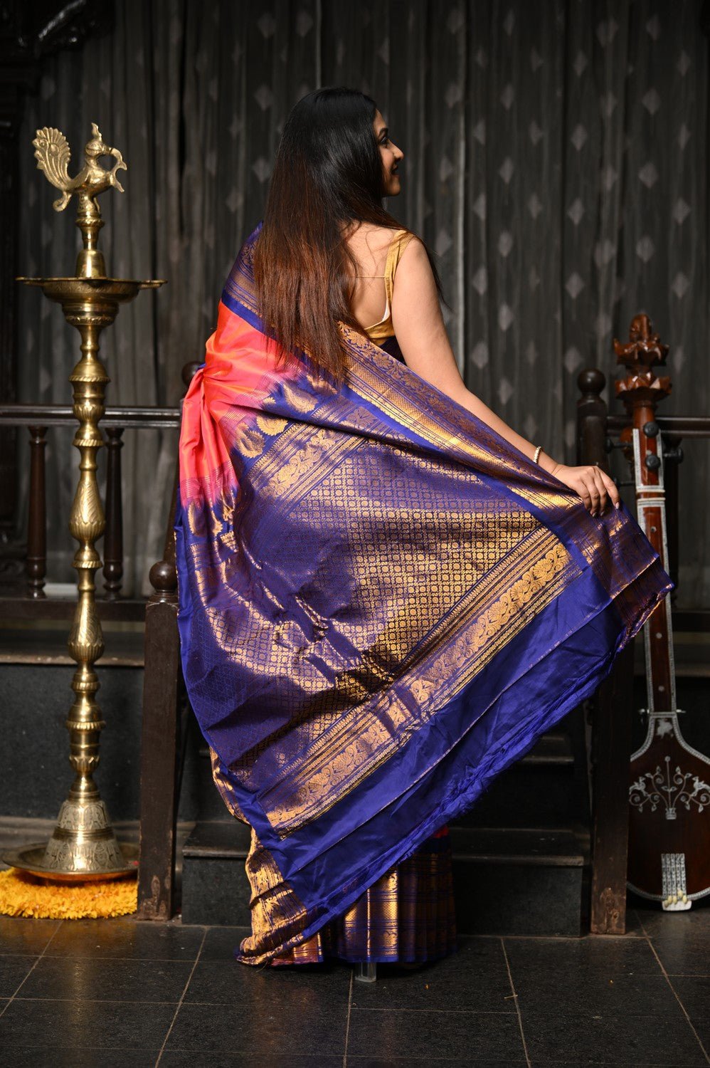 Mahalakshmi ~ Gadwal Pure Silk Handloom Saree in Peach Pink and Marine Blue - verymuchindian.com
