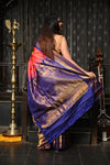 Mahalakshmi ~ Gadwal Pure Silk Handloom Saree in Peach Pink and Marine Blue - verymuchindian.com