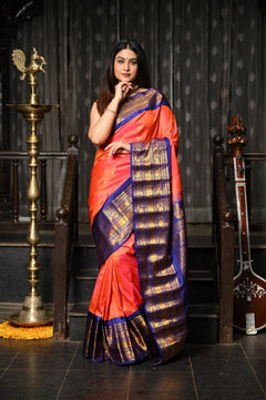 Mahalakshmi ~ Gadwal Pure Silk Handloom Saree in Peach Pink and Marine Blue - verymuchindian.com