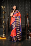 Mahalakshmi ~ Gadwal Pure Silk Handloom Saree in Peach Pink and Marine Blue - verymuchindian.com