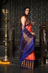 Mahalakshmi ~ Gadwal Pure Silk Handloom Saree in Peach Pink and Marine Blue - verymuchindian.com