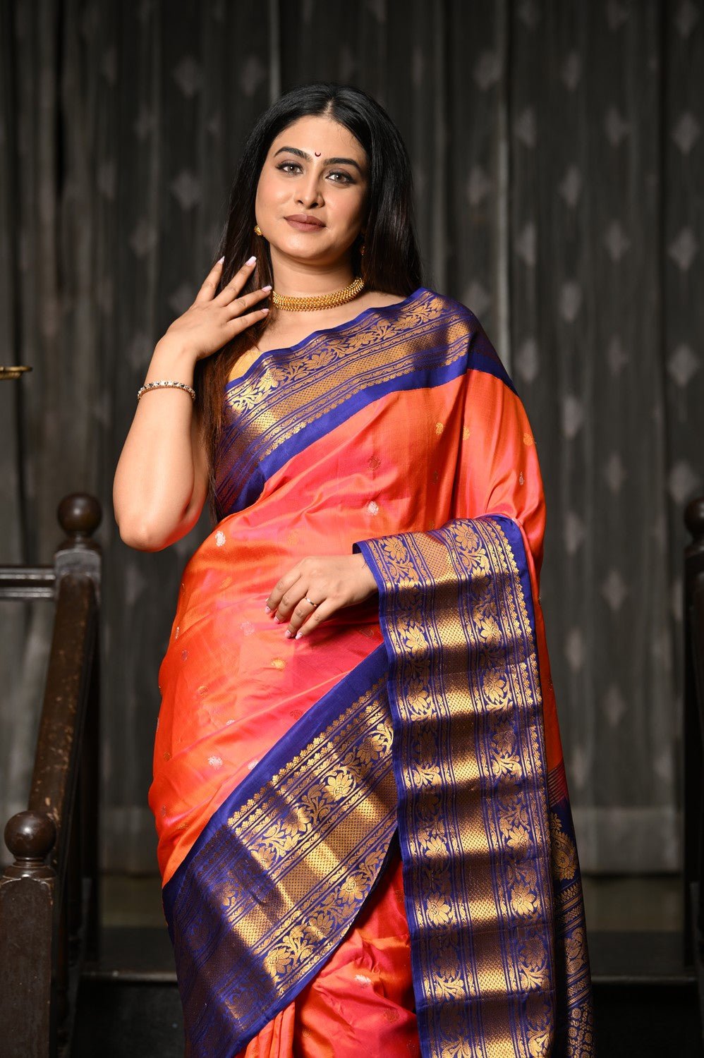 Mahalakshmi ~ Gadwal Pure Silk Handloom Saree in Peach Pink and Marine Blue - verymuchindian.com