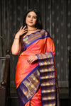 Mahalakshmi ~ Gadwal Pure Silk Handloom Saree in Peach Pink and Marine Blue - verymuchindian.com