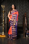 Mahalakshmi ~ Gadwal Pure Silk Handloom Saree in Peach Pink and Marine Blue - verymuchindian.com