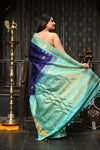 Mahalakshmi ~ Gadwal Pure Silk Handloom Saree in Royal Blue & Cyan Green - verymuchindian.com