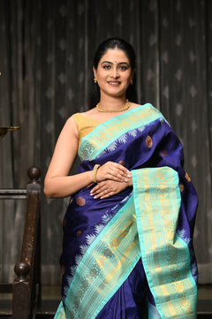Mahalakshmi ~ Gadwal Pure Silk Handloom Saree in Royal Blue & Cyan Green - verymuchindian.com