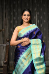 Mahalakshmi ~ Gadwal Pure Silk Handloom Saree in Royal Blue & Cyan Green - verymuchindian.com