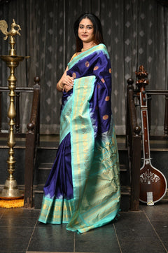 Mahalakshmi ~ Gadwal Pure Silk Handloom Saree in Royal Blue & Cyan Green - verymuchindian.com