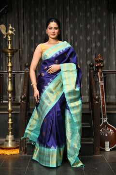 Mahalakshmi ~ Gadwal Pure Silk Handloom Saree in Royal Blue & Cyan Green - verymuchindian.com