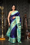 Mahalakshmi ~ Gadwal Pure Silk Handloom Saree in Royal Blue & Cyan Green - verymuchindian.com