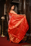 Mahalakshmi ~ Gadwal Pure Silk Handloom Saree with All Over Checks in Peach and Red - verymuchindian.com
