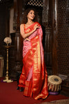 Mahalakshmi ~ Gadwal Pure Silk Handloom Saree with All Over Checks in Peach and Red - verymuchindian.com