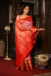 Mahalakshmi ~ Gadwal Pure Silk Handloom Saree with All Over Checks in Peach and Red - verymuchindian.com