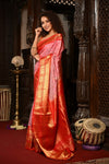 Mahalakshmi ~ Gadwal Pure Silk Handloom Saree with All Over Checks in Peach and Red - verymuchindian.com