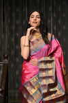 Mahalakshmi ~ Gadwal Pure Silk Handloom Saree with Temple Border in Pink & Cyan Blue - verymuchindian.com