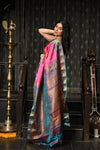 Mahalakshmi ~ Gadwal Pure Silk Handloom Saree with Temple Border in Pink & Cyan Blue - verymuchindian.com