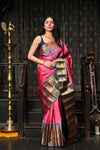 Mahalakshmi ~ Gadwal Pure Silk Handloom Saree with Temple Border in Pink & Cyan Blue - verymuchindian.com