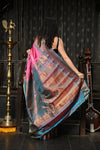 Mahalakshmi ~ Gadwal Pure Silk Handloom Saree with Temple Border in Pink & Cyan Blue - verymuchindian.com