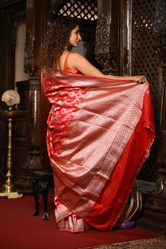 Mahalakshmi~ Handloom Banarasi Katan Silk Saree with Floral work in Red - verymuchindian.com
