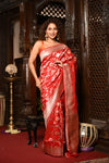 Mahalakshmi~ Handloom Banarasi Katan Silk Saree with Floral work in Red - verymuchindian.com