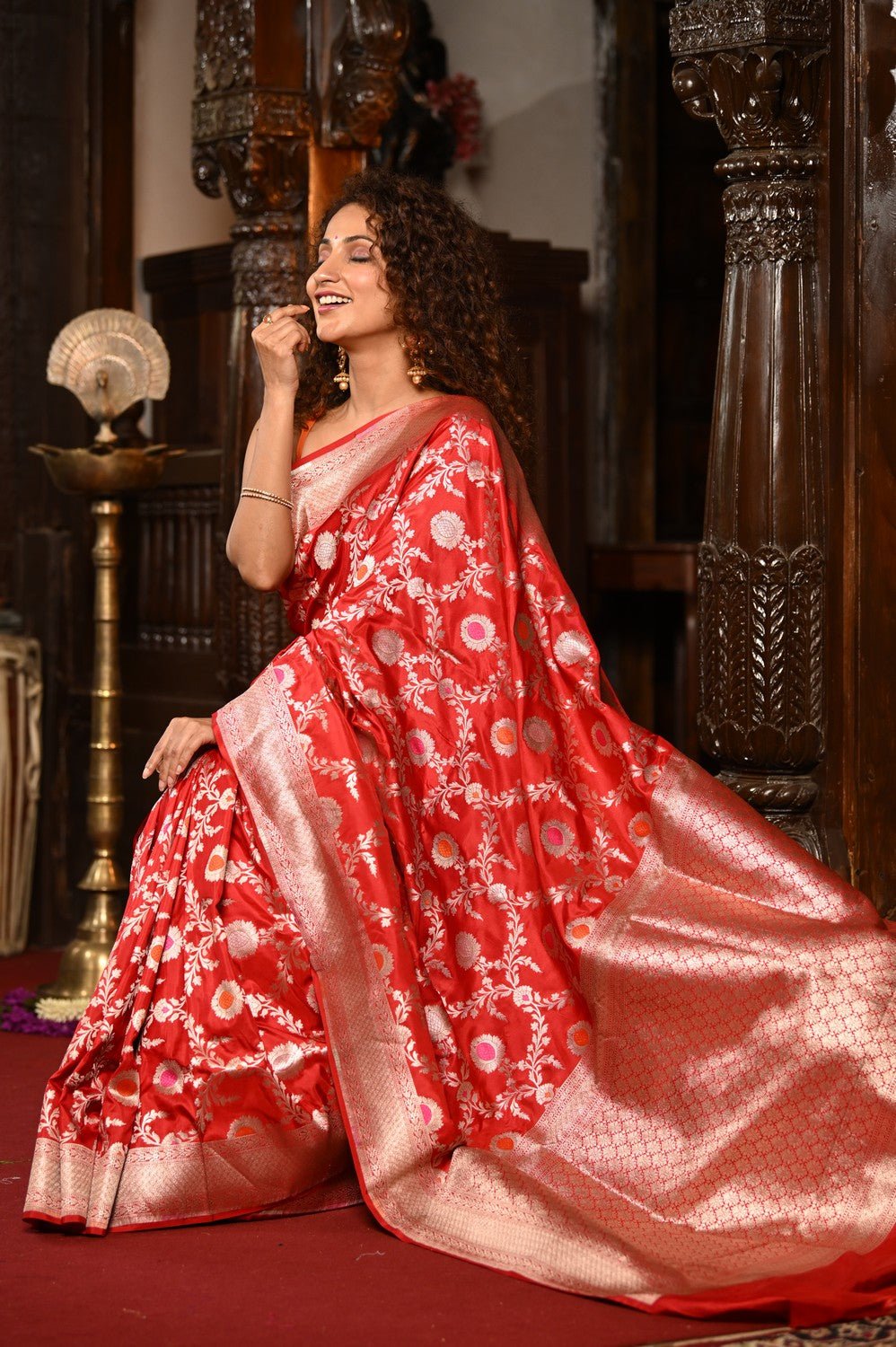 Mahalakshmi~ Handloom Banarasi Katan Silk Saree with Floral work in Red - verymuchindian.com