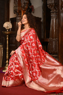 Mahalakshmi~ Handloom Banarasi Katan Silk Saree with Floral work in Red - verymuchindian.com