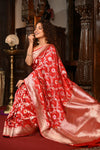 Mahalakshmi~ Handloom Banarasi Katan Silk Saree with Floral work in Red - verymuchindian.com