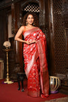 Mahalakshmi~ Handloom Banarasi Katan Silk Saree with Floral work in Red - verymuchindian.com