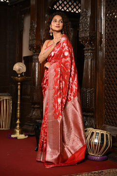 Mahalakshmi~ Handloom Banarasi Katan Silk Saree with Floral work in Red - verymuchindian.com