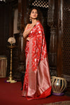 Mahalakshmi~ Handloom Banarasi Katan Silk Saree with Floral work in Red - verymuchindian.com