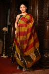 Mahalakshmi ~Handloom Cotton Silk Duppata With Beautiful Print and Designer Tassels ~ Gold Red - verymuchindian.com