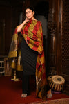 Mahalakshmi ~Handloom Cotton Silk Duppata With Beautiful Print and Designer Tassels ~ Gold Red - verymuchindian.com