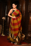 Mahalakshmi ~Handloom Cotton Silk Duppata With Beautiful Print and Designer Tassels ~ Gold Red - verymuchindian.com