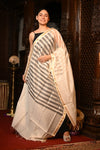 Mahalakshmi ~Handloom Cotton Silk Duppata With Beautiful Print and Designer Tassels ~ Off White - verymuchindian.com